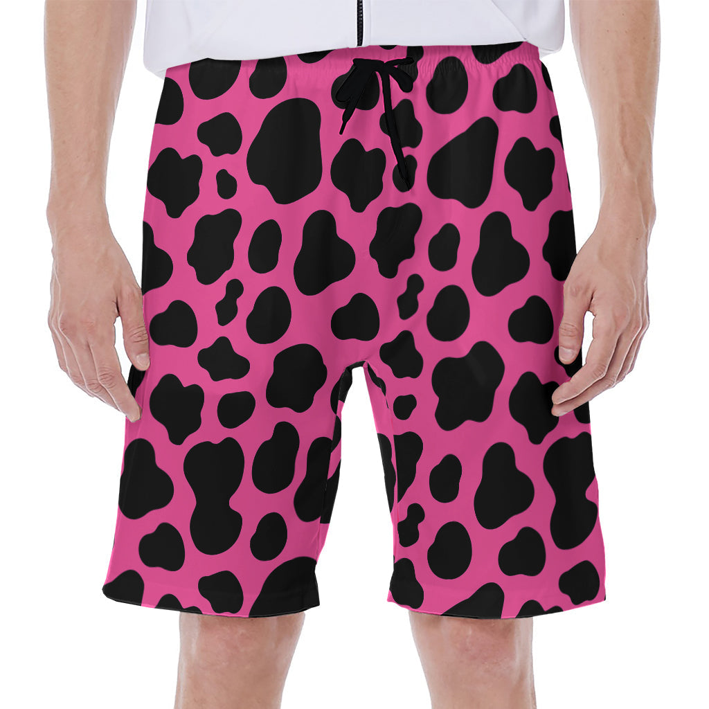 Black and Hot Pink Cow Print Hawaiian Men's Beach Shorts - 1