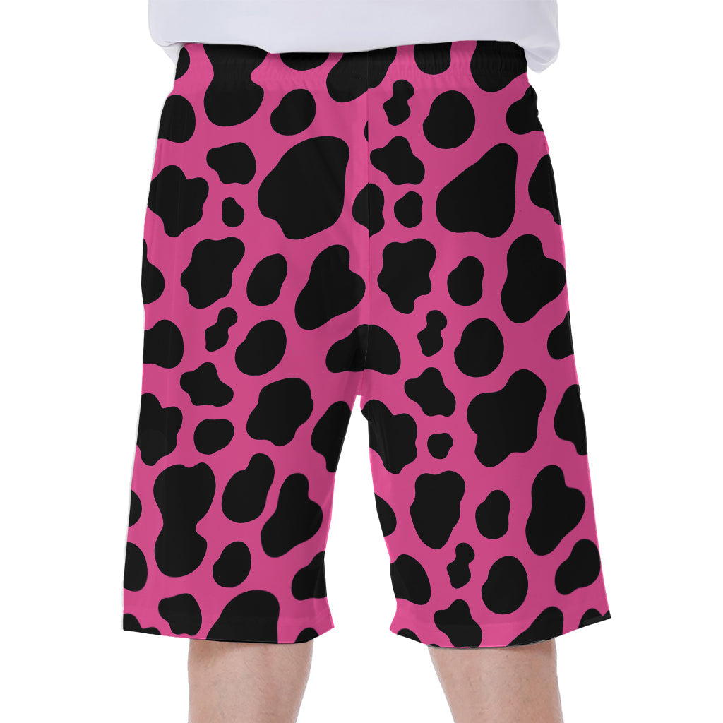 Black and Hot Pink Cow Print Hawaiian Men&#39;s Beach Shorts - 2