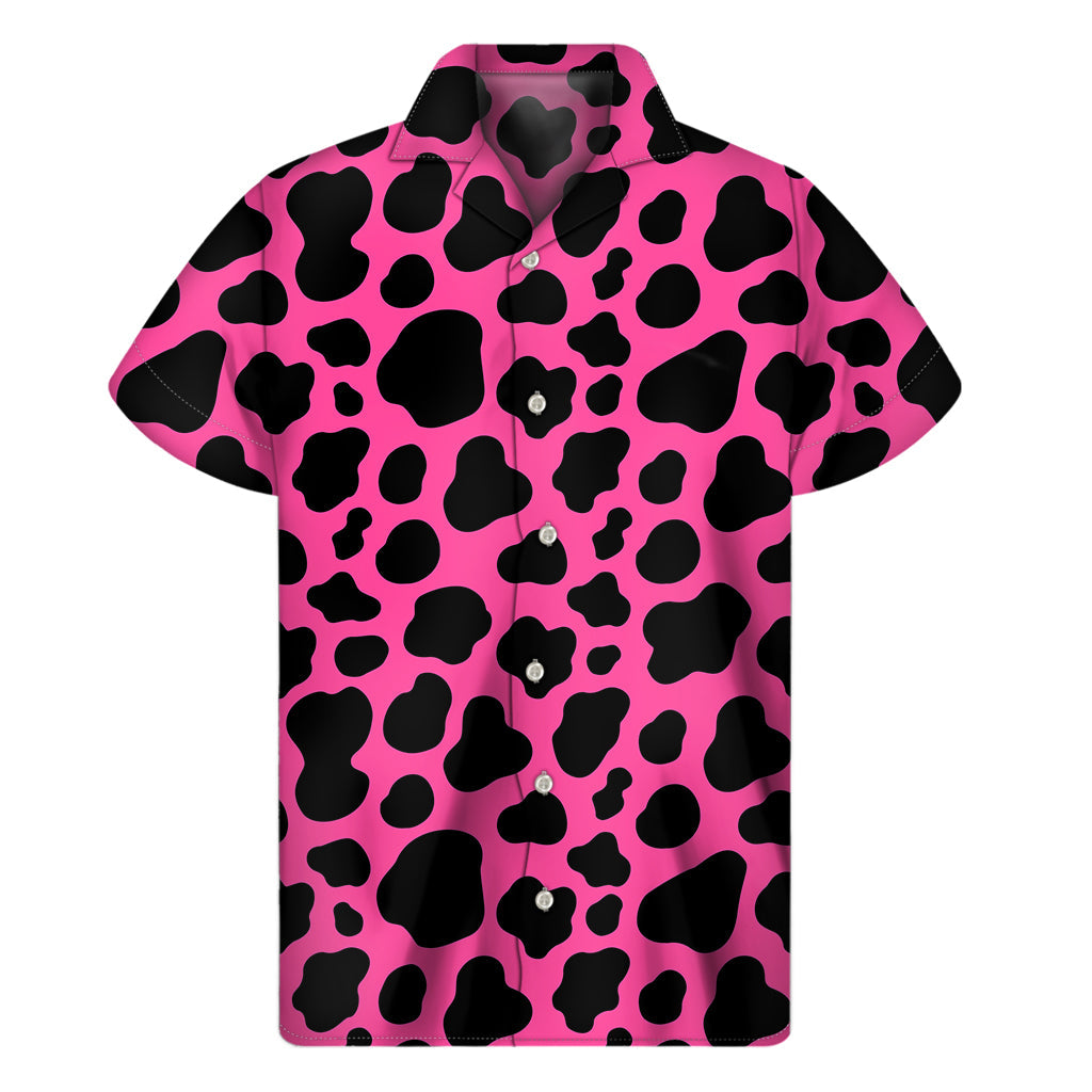 Black and Hot Pink Cow Print Hawaiian Style Short Sleeve Shirt - 1