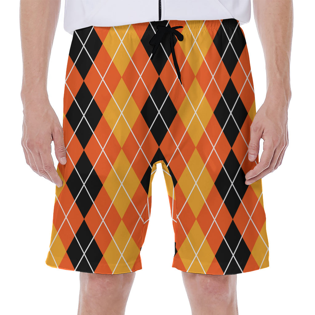 Black and Orange Argyle Pattern Hawaiian Men's Beach Shorts - 1