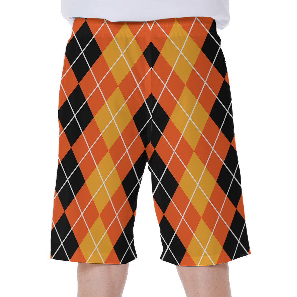 Black and Orange Argyle Pattern Hawaiian Men's Beach Shorts - 1