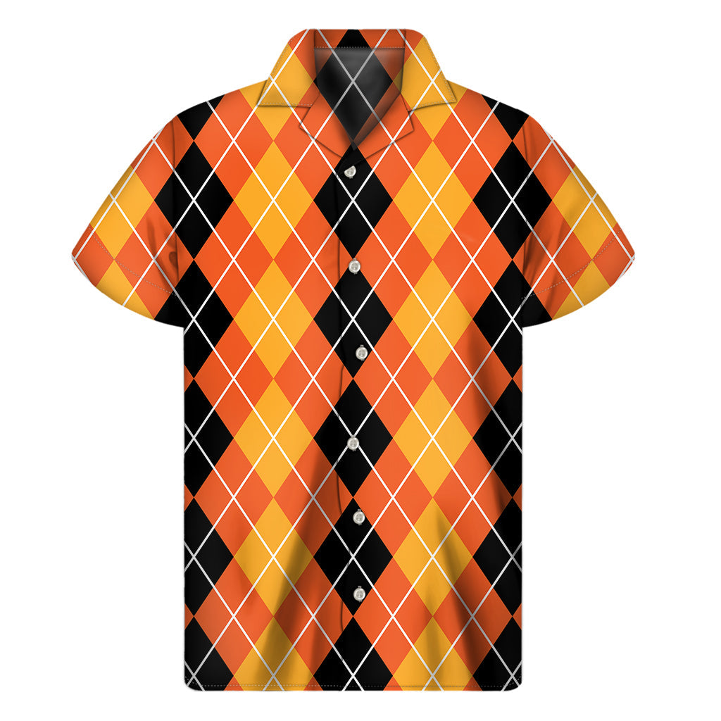 Black and Orange Argyle Hawaiian Print Short Sleeve Shirt - 1