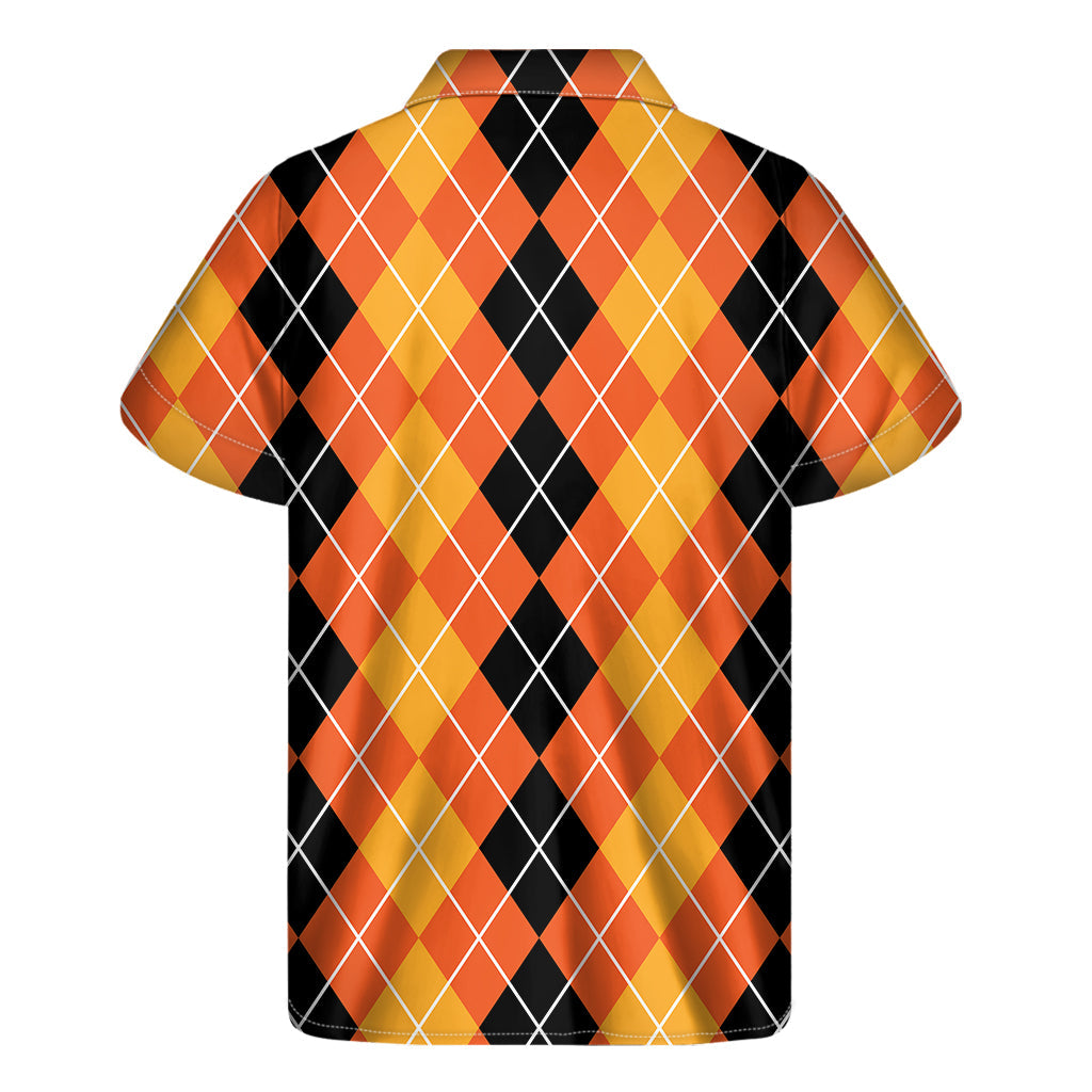 Black and Orange Argyle Hawaiian Print Short Sleeve Shirt - 2