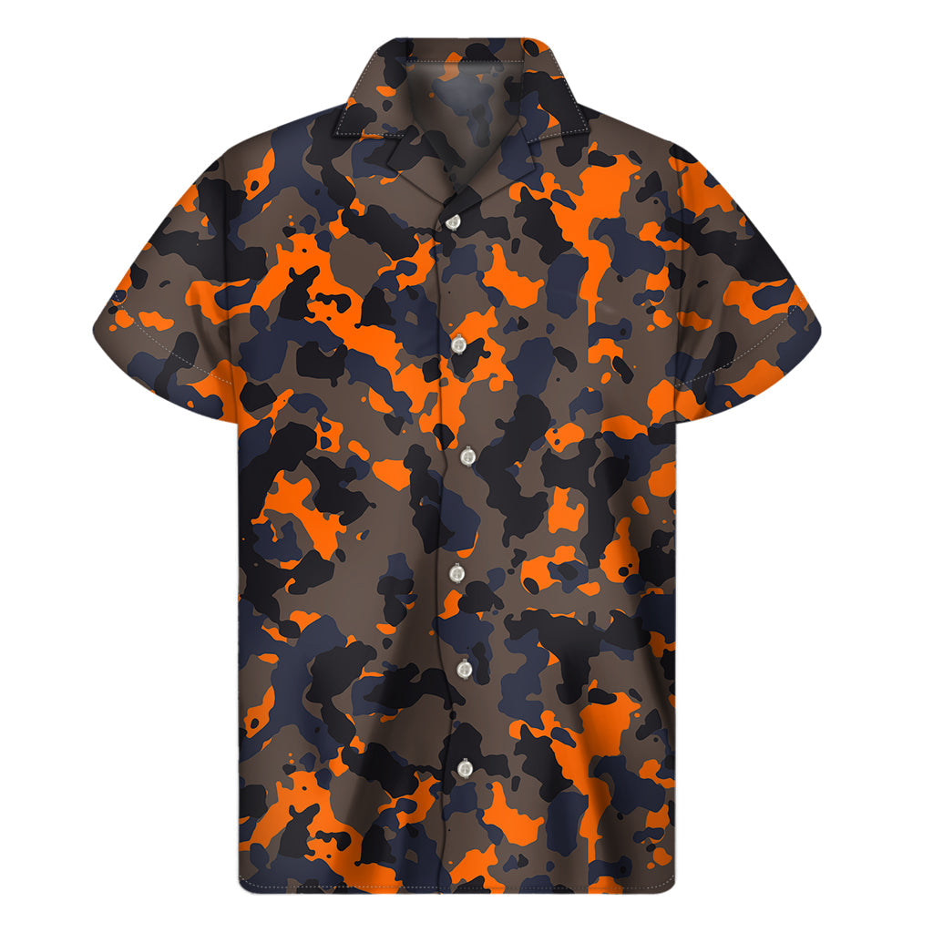 Black and Orange Camouflage Print Hawaiian Short Sleeve Shirt - 1