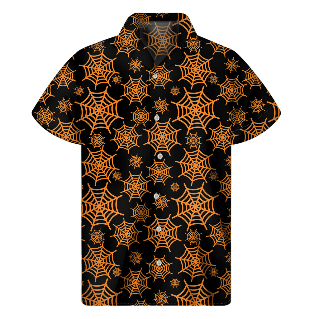 Black and Orange Spider Web Hawaiian Short Sleeve Shirt - 1