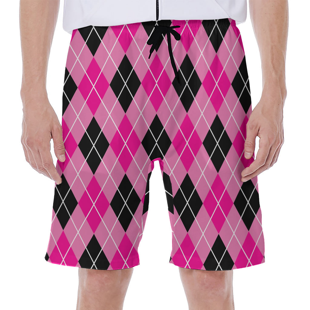 Black and Pink Argyle Pattern Hawaiian Men's Beach Shorts - 1