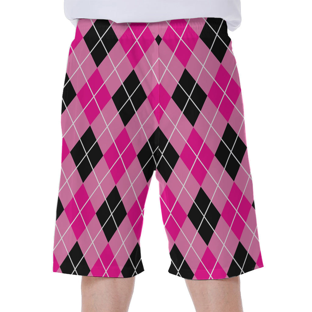 Black and Pink Argyle Pattern Hawaiian Men's Beach Shorts - 1