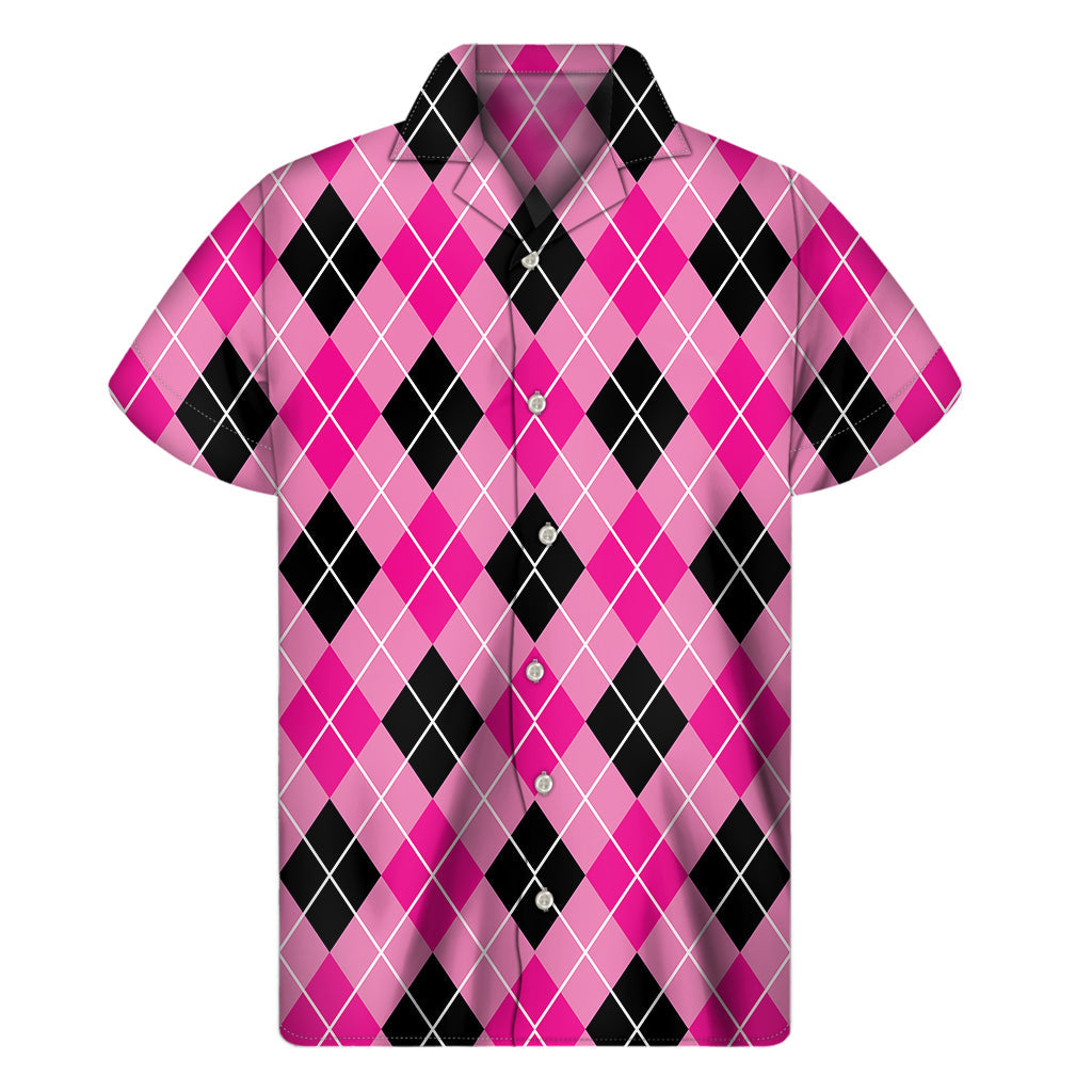 Black and Pink Argyle Hawaiian Style Short Sleeve Shirt - 1