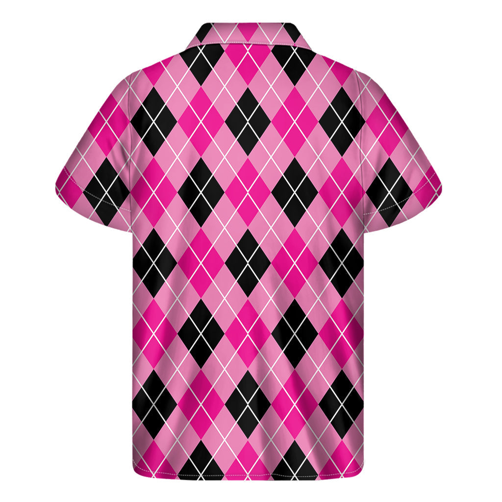 Black and Pink Argyle Hawaiian Style Short Sleeve Shirt - 2