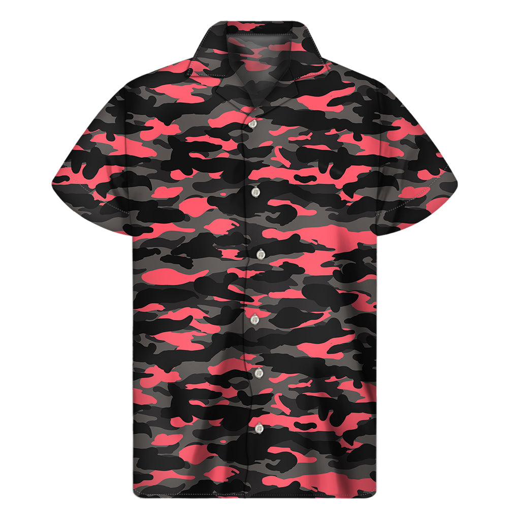 Black and Pink Camouflage Hawaiian Print Short Sleeve Shirt - 1