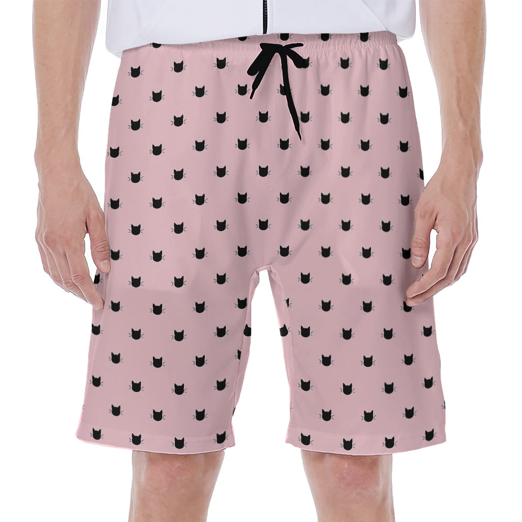 Black and Pink Cat Pattern Print Hawaiian Men's Beach Shorts - 1