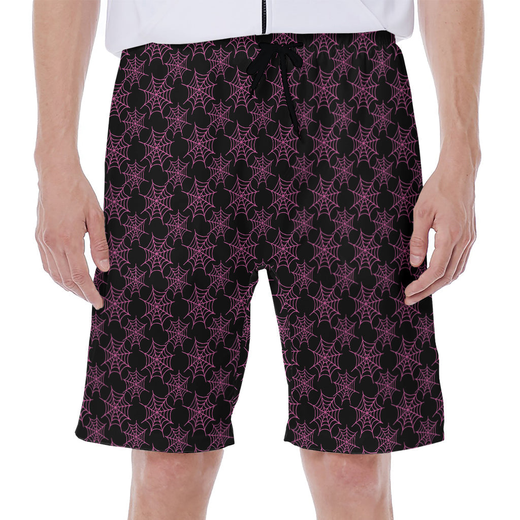 Black and Pink Spider Web Pattern Hawaiian Men's Beach Shorts - 1