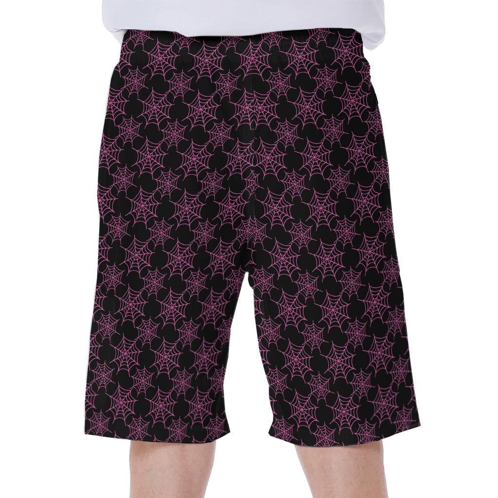 Black and Pink Spider Web Pattern Hawaiian Men's Beach Shorts - 1