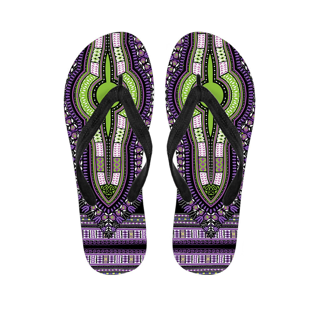 Black and Purple Hawaiian Dashiki Print Flip Flops: Embrace Classic Island Style! - 1