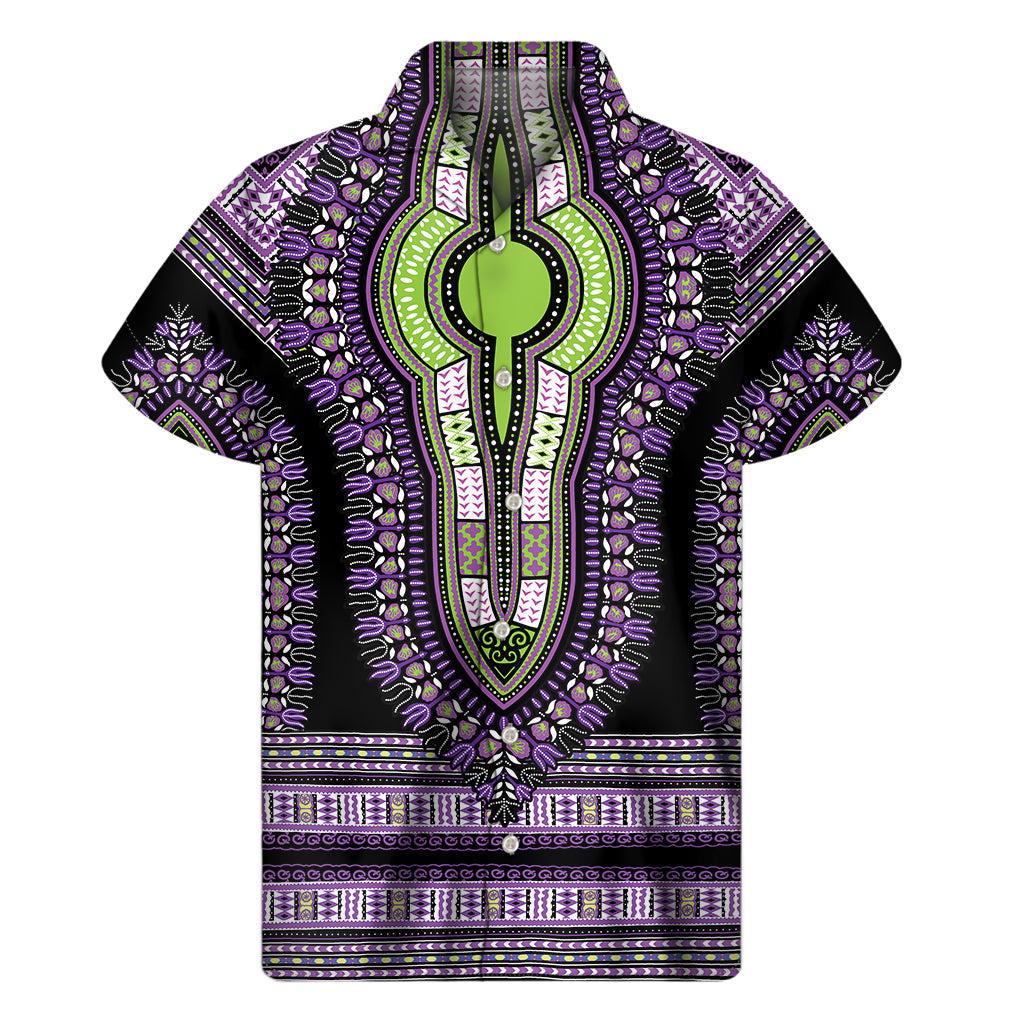 Black and Purple Hawaiian Dashiki Print Short Sleeve Shirt - 1