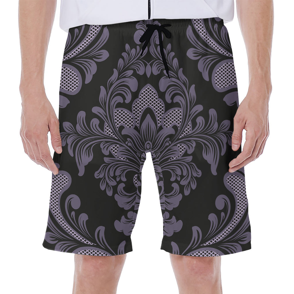 Black and Purple Damask Pattern Printed Hawaiian Men&#39;s Beach Shorts - 1