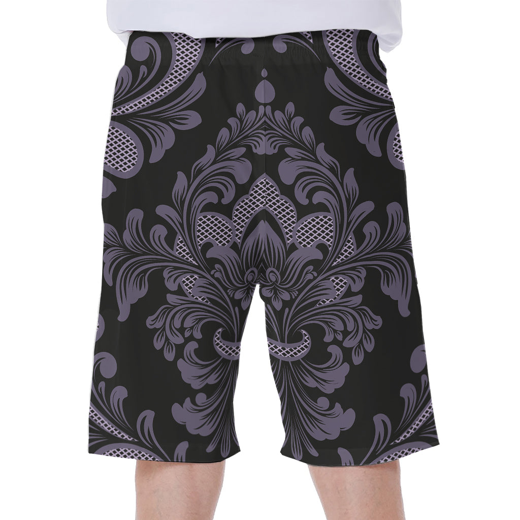 Black and Purple Damask Pattern Printed Hawaiian Men&#39;s Beach Shorts - 2