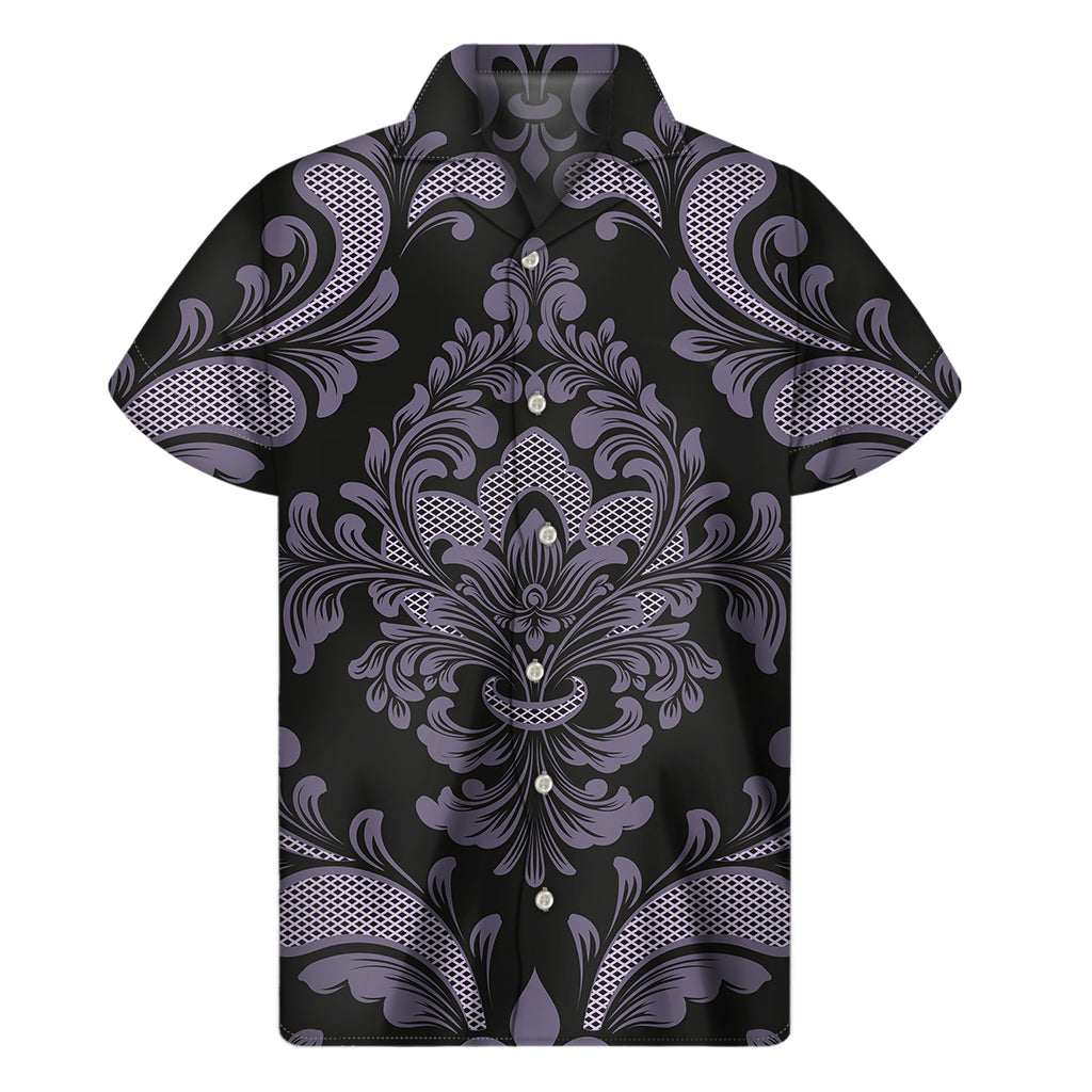 Black and Purple Hawaiian Damask Print Short Sleeve Shirt - 1