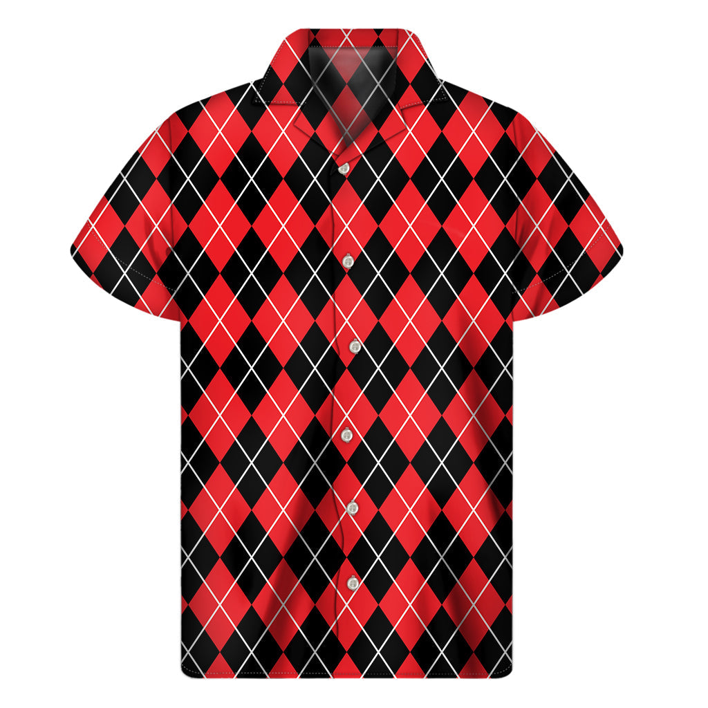 Black and Red Argyle Hawaiian Print Short Sleeve Shirt - 1