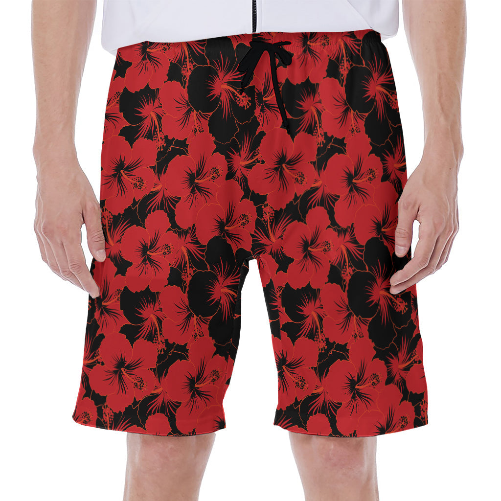 Black and Red Hawaiian Hibiscus Men's Beach Shorts: Embrace Island Style - 1