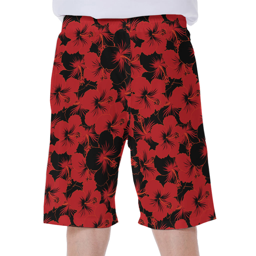 Black and Red Hawaiian Hibiscus Men's Beach Shorts: Embrace Island Style - 1