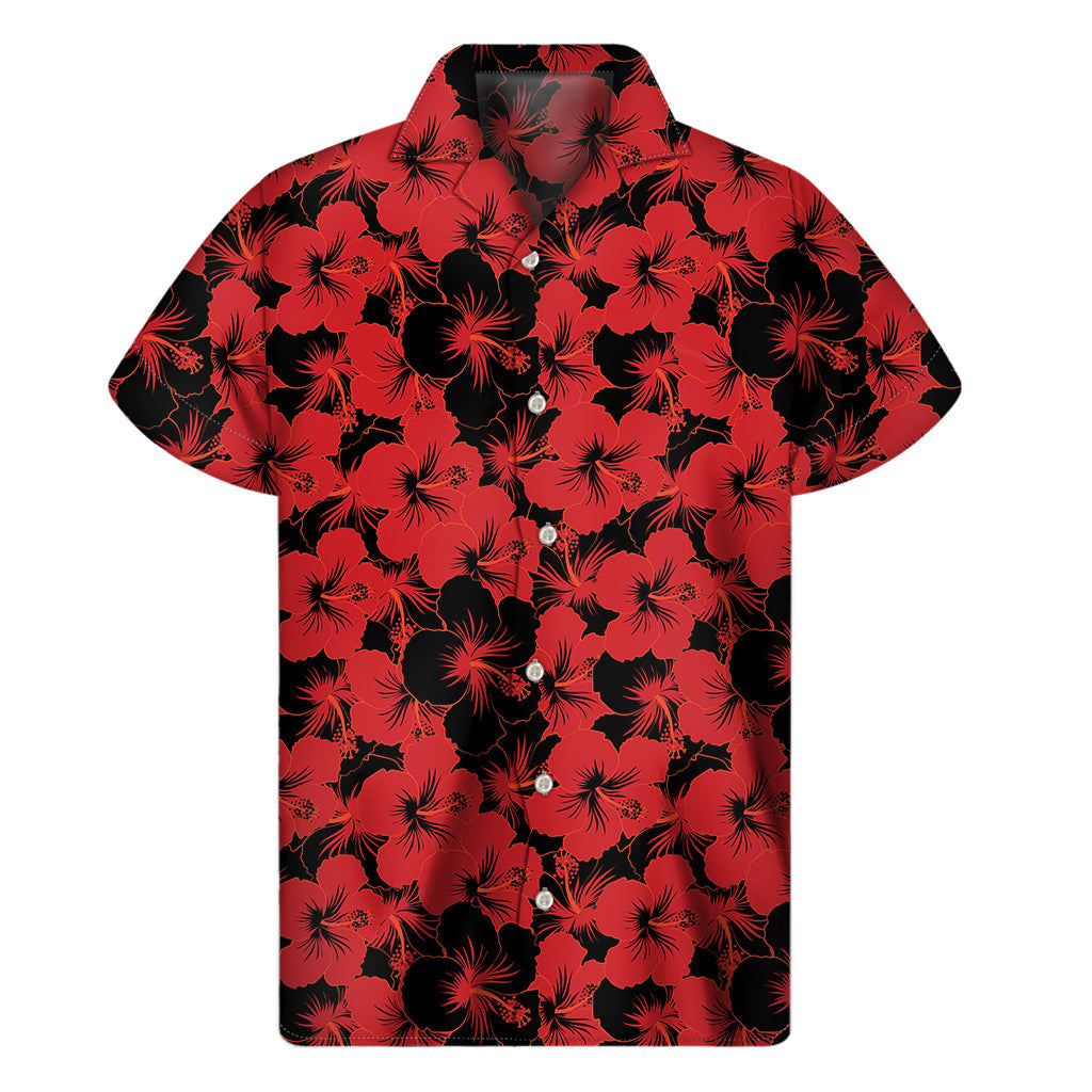 Black and Red Hibiscus Pattern Hawaiian Short Sleeve Shirt - 1