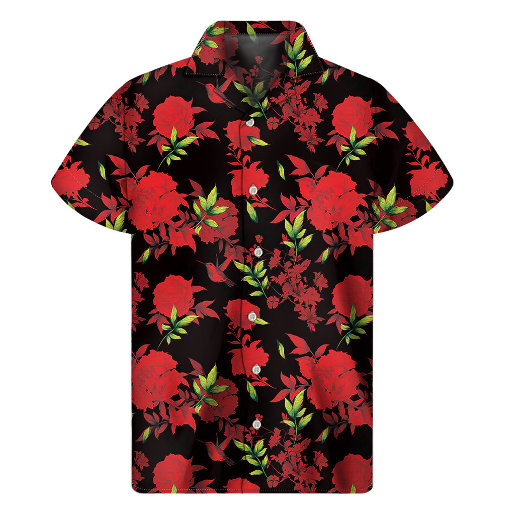 Black and Red Roses Hawaiian Floral Print Short Sleeve Shirt - 1