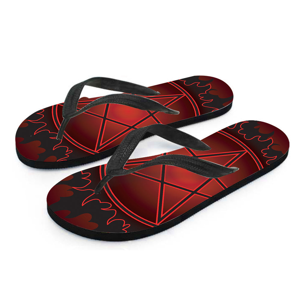 Black and Red Satanic Pentagram Print Hawaiian Flip Flops: Embrace the Island Style - 1