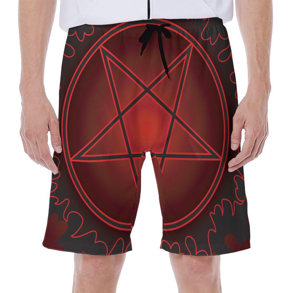 Black and Red Satanic Pentagram Hawaiian Men's Beach Shorts - 1