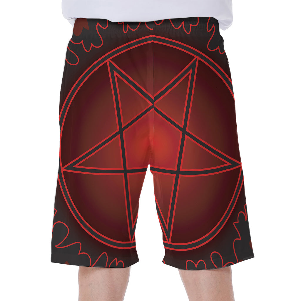 Black and Red Satanic Pentagram Hawaiian Men's Beach Shorts - 1