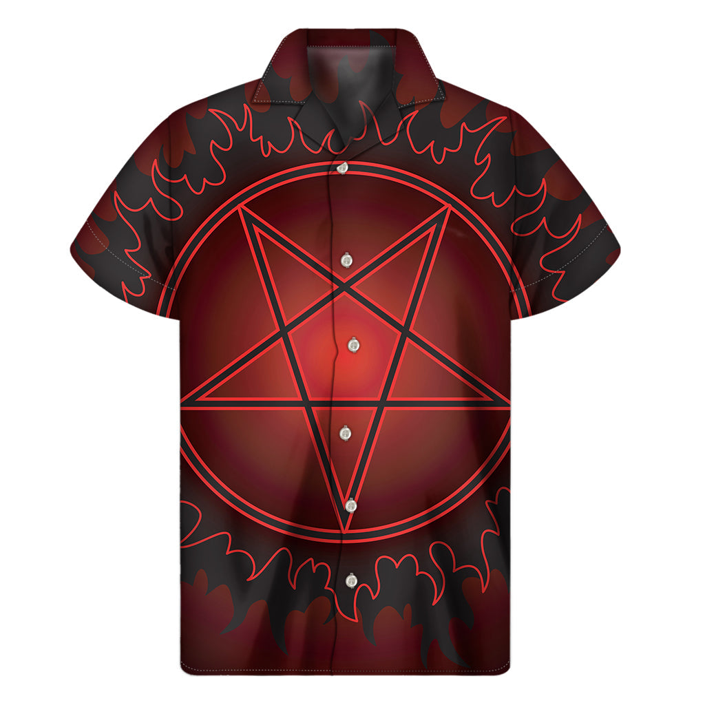 Black and Red Hawaiian Shirt with Satanic Pentagram Print - 1