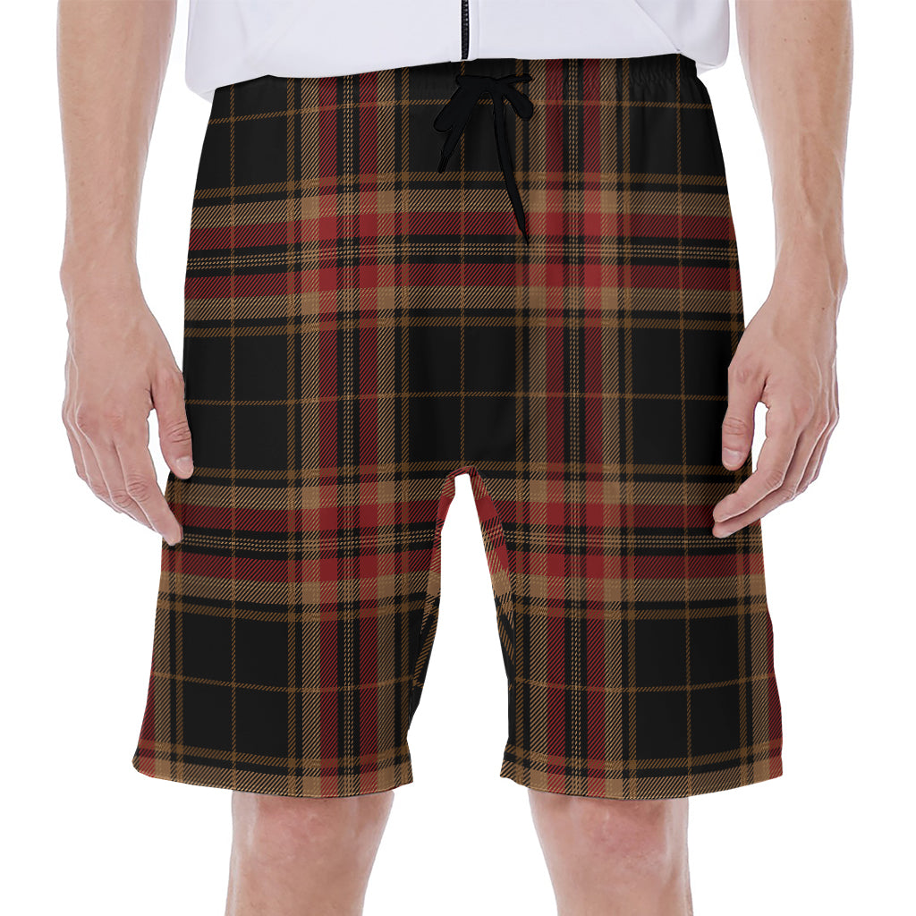 Black and Red Stewart Tartan Print Hawaiian Men's Beach Shorts - 1