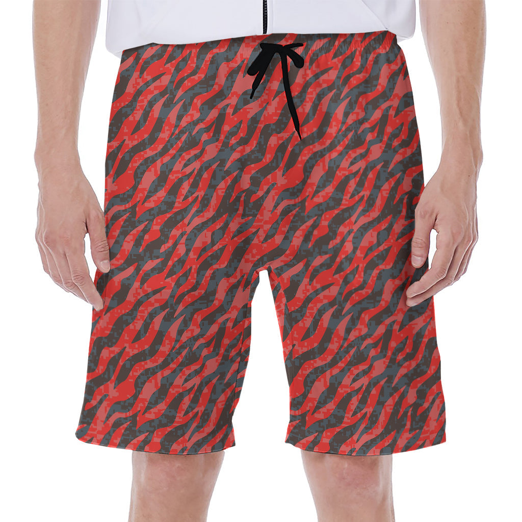 Black and Red Tiger Stripe Camo Print Hawaiian Men's Beach Shorts - 1