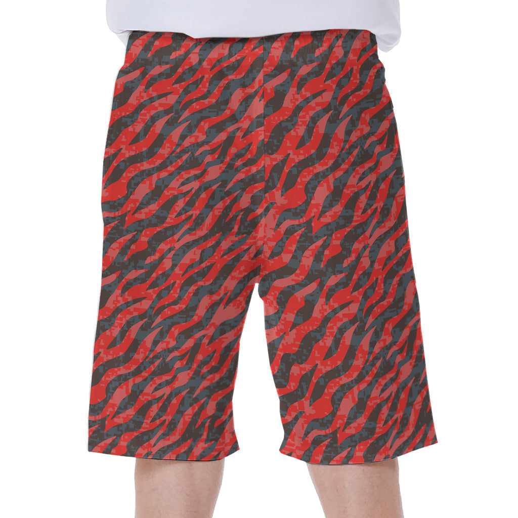 Black and Red Tiger Stripe Camo Print Hawaiian Men's Beach Shorts - 1