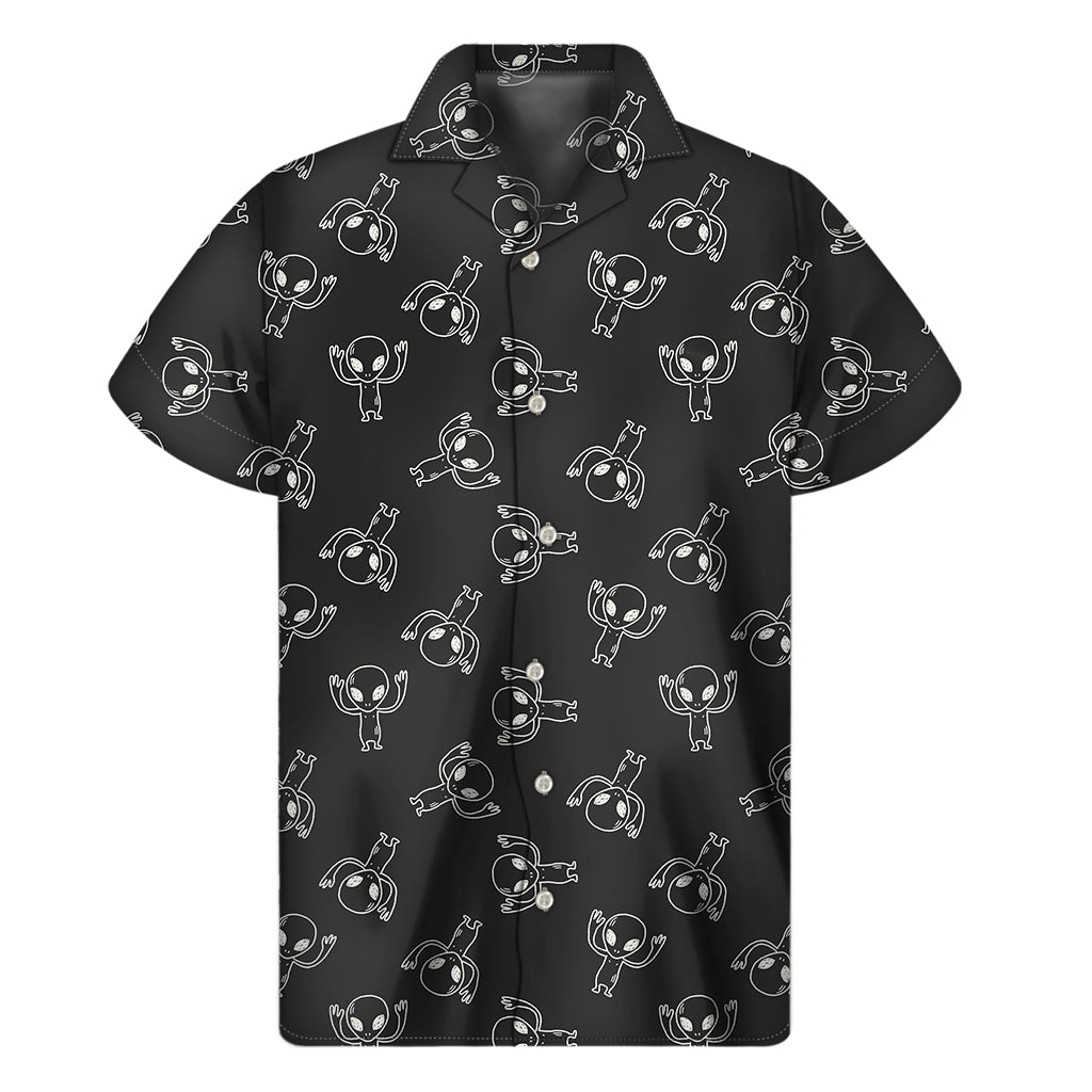 Black and White Alien Print Hawaiian Short Sleeve Shirt - 1