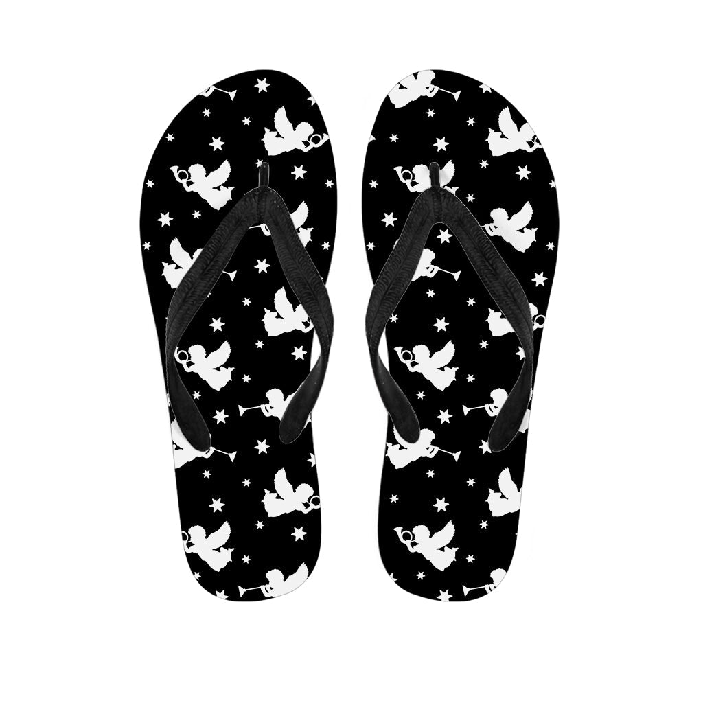 Black and White Angel Pattern Hawaiian Outfit with Matching Flip Flops - 1