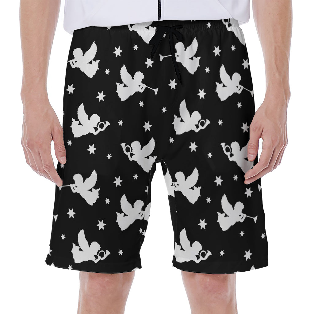 Black and White Angel Pattern Print Hawaiian Men's Beach Shorts - 1