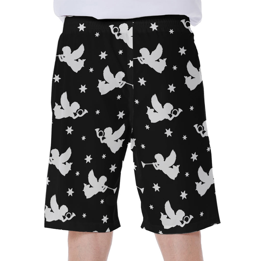 Black and White Angel Pattern Print Hawaiian Men's Beach Shorts - 1