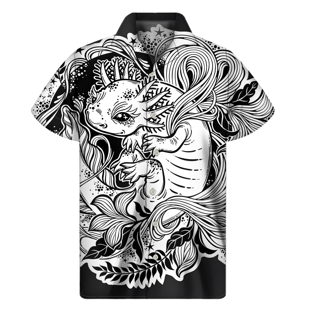 Black and White Axolotl Print Hawaiian Short Sleeve Shirt - 1