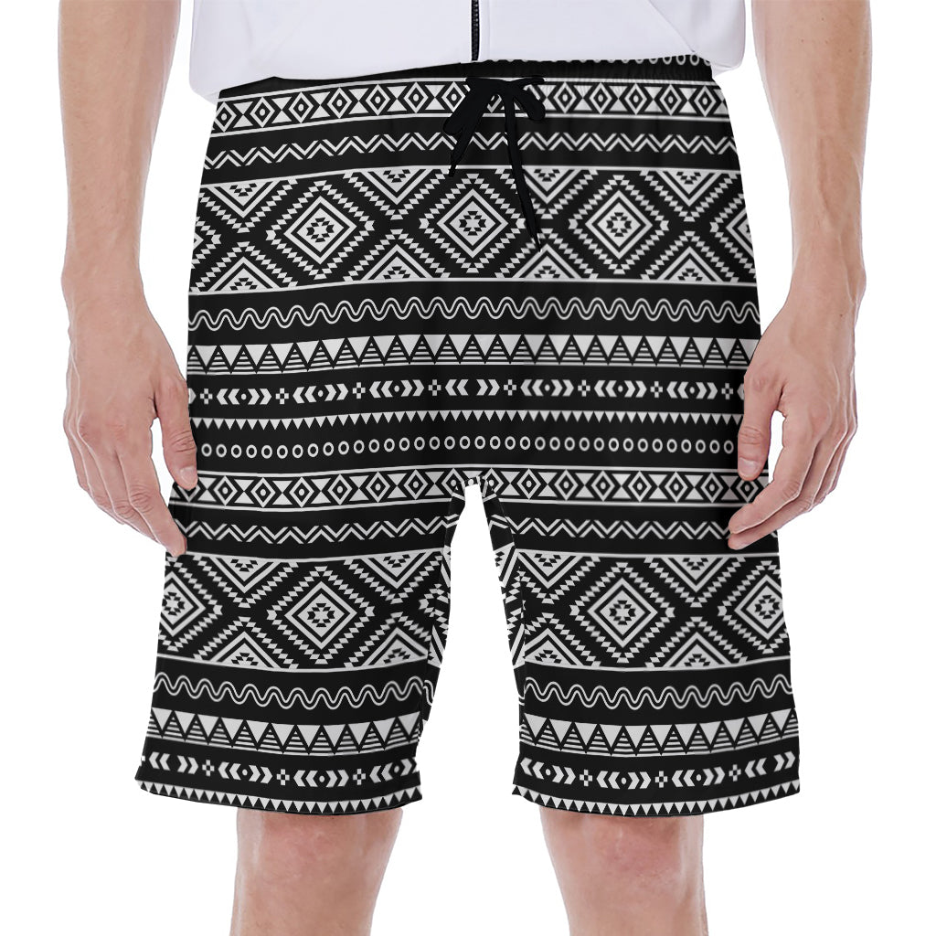 Black and White Aztec Ethnic Print Hawaiian Men's Beach Shorts - 1