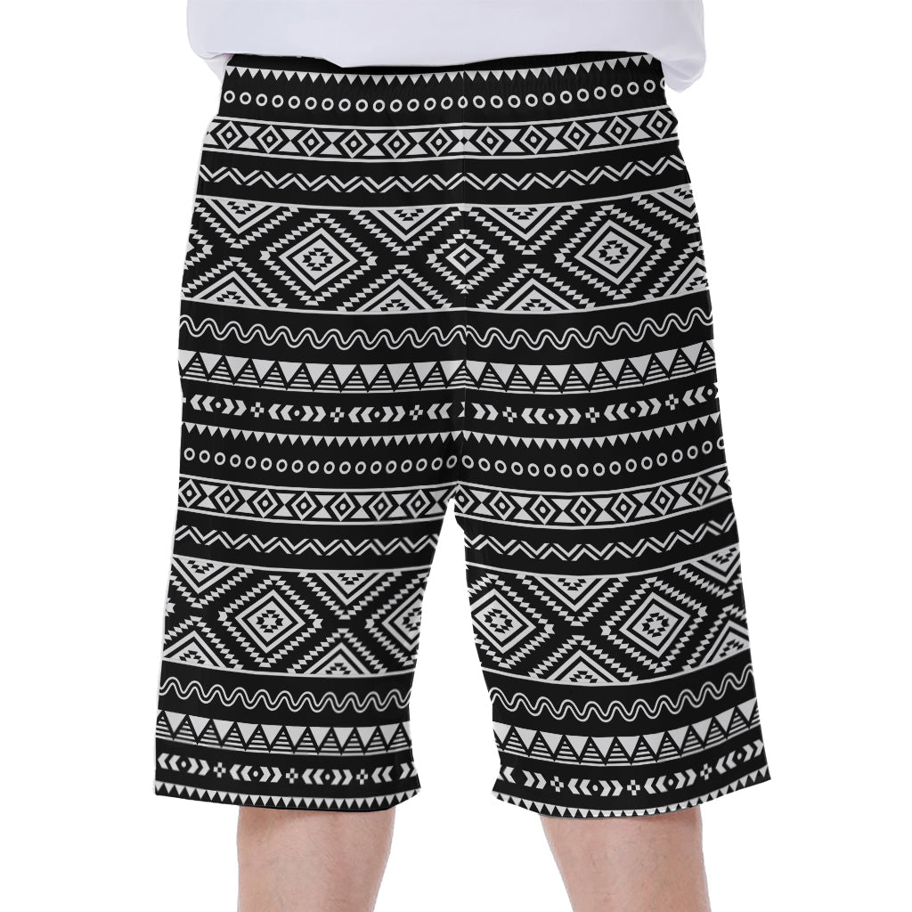 Black and White Aztec Ethnic Print Hawaiian Men's Beach Shorts - 1