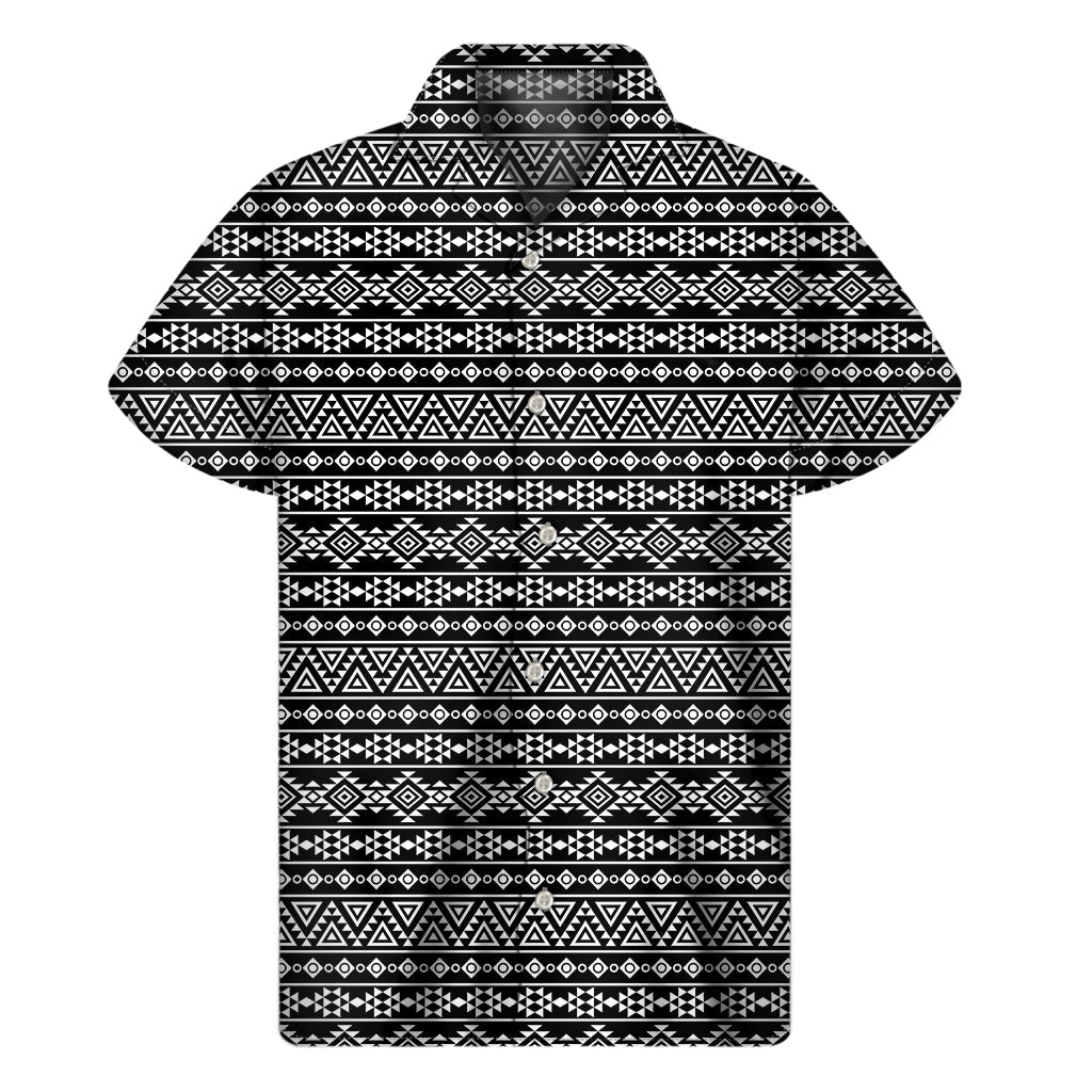 Black and White Aztec Geometric Hawaiian Short Sleeve Shirt - 1