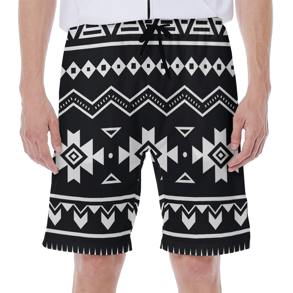 Black and White Aztec Pattern Hawaiian Men's Beach Shorts - 1