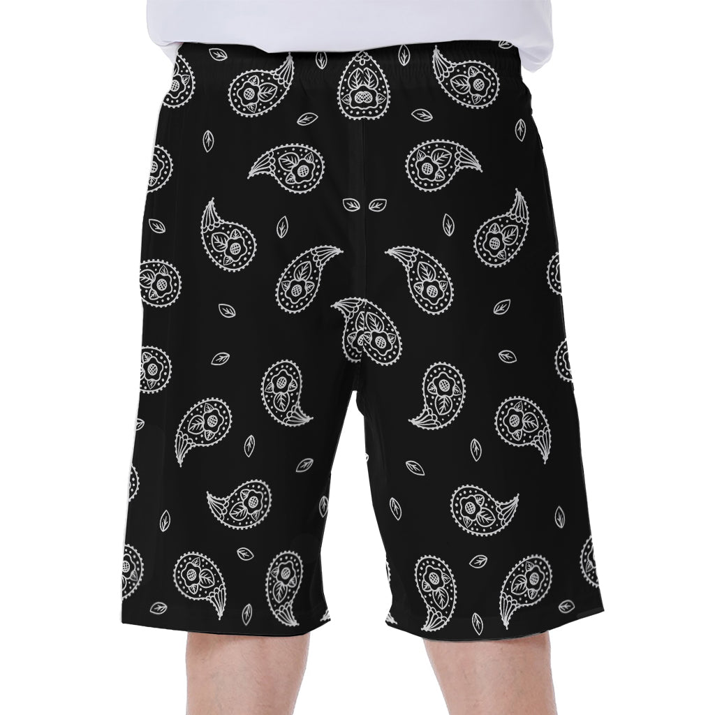 Black and White Bandana Print Hawaiian Men's Beach Shorts - 1