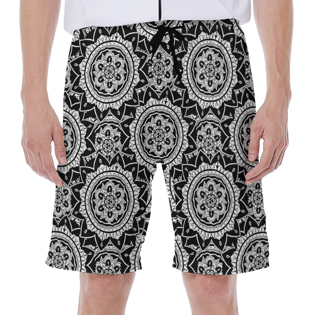 Black and White Boho Mandala Print Hawaiian Men's Beach Shorts - 1