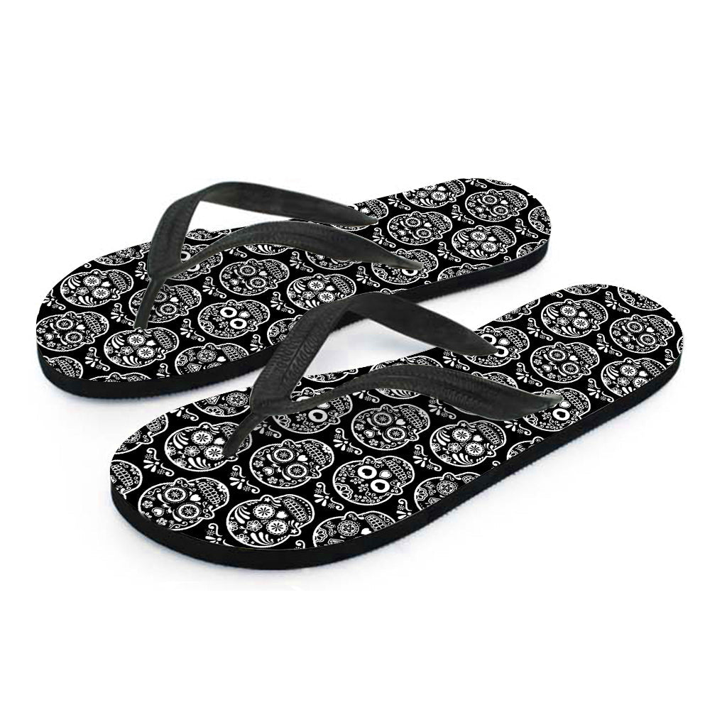 Black and White Calavera Skull Hawaiian Flip Flops - 1