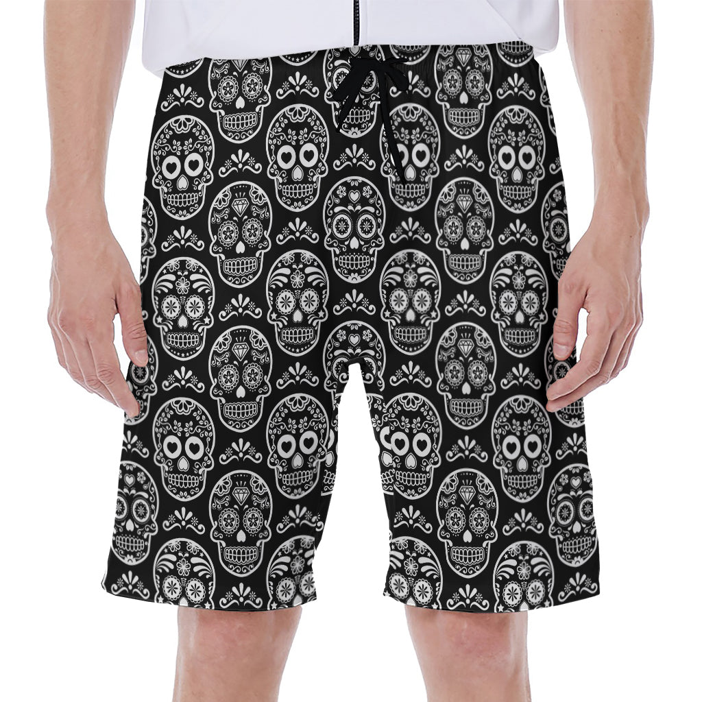 Black and White Calavera Skull Print Hawaiian Men's Beach Shorts - 1