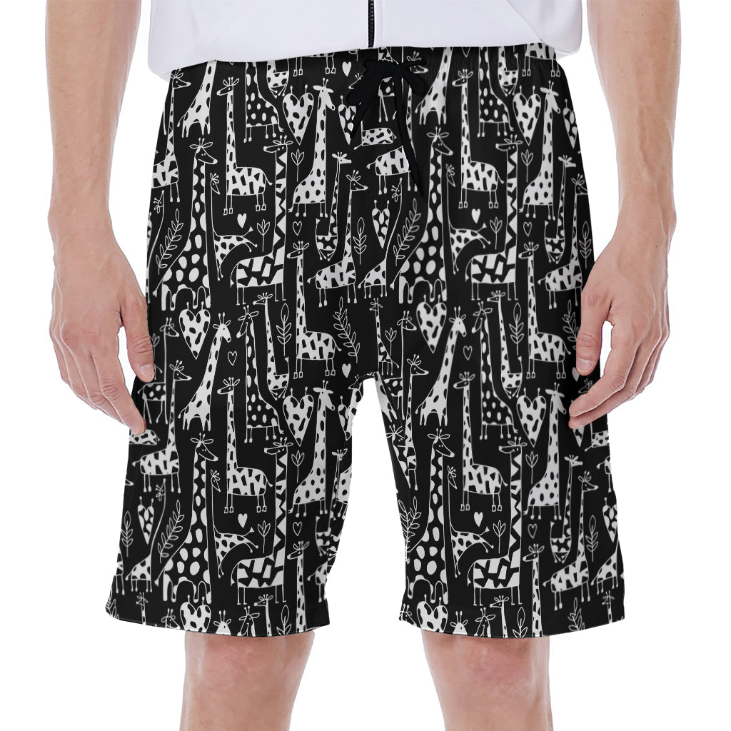 Black and White Cartoon Giraffe Hawaiian Men's Beach Shorts - 1