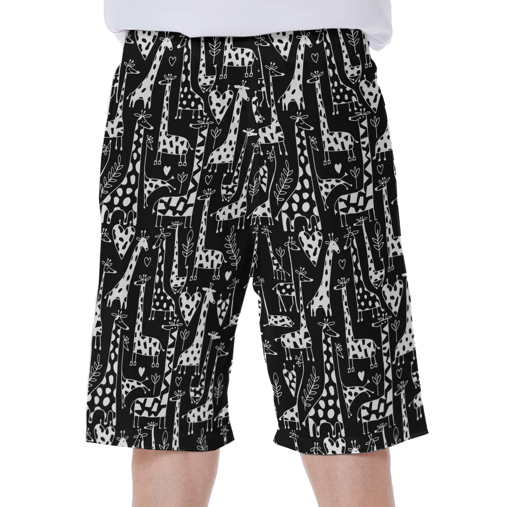 Black and White Cartoon Giraffe Hawaiian Men's Beach Shorts - 1