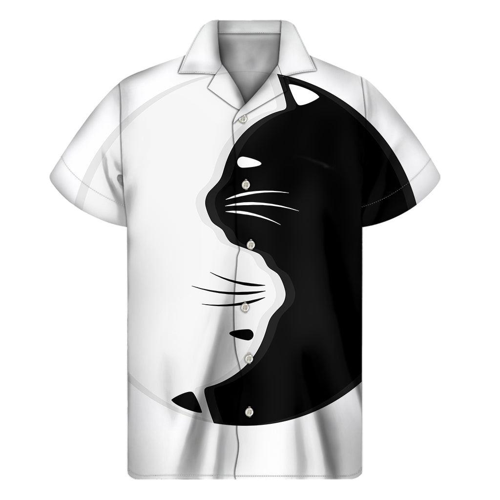 Island Vibes: Men&#39;s Hawaiian Yin Yang Short Sleeve Shirt in Black and White Cat Print - 1